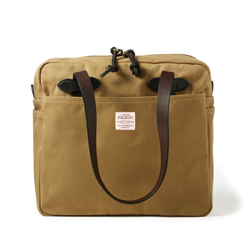Filson Rugged Twill tote bag with zipper, tan, front view