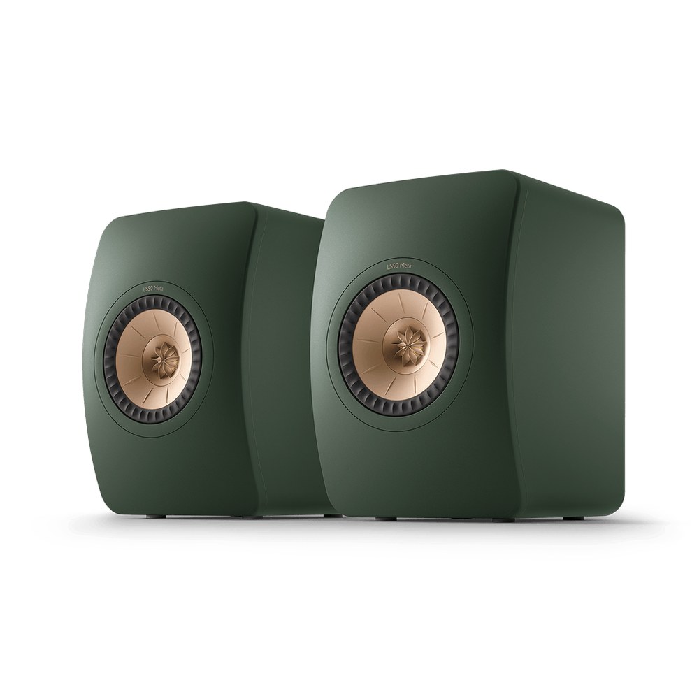 KEF LS50 Meta passive bookshelf speaker, front three-quarter view on white