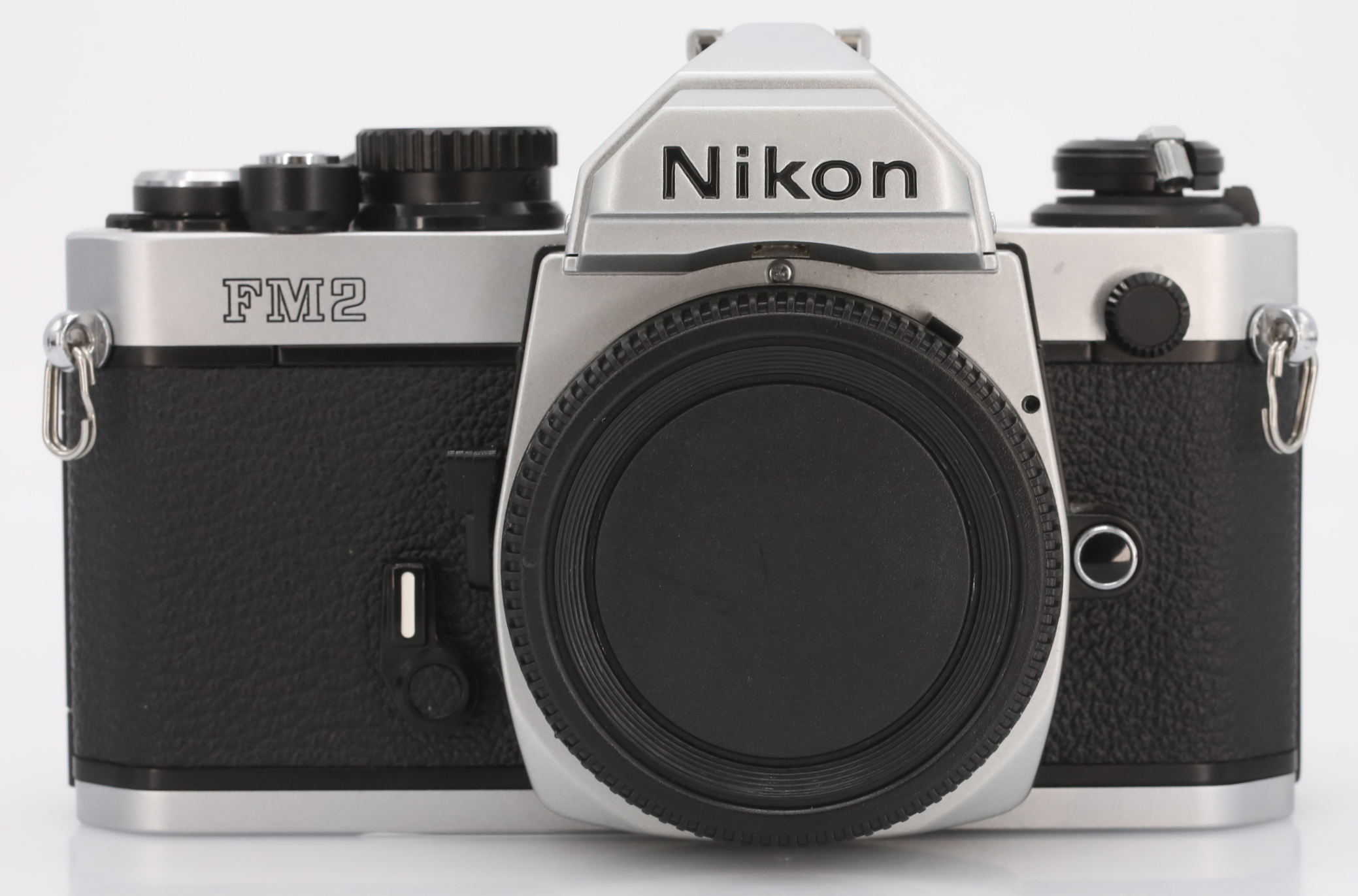 Nikon FM2n 35mm mechanical film SLR camera body, silver, product photograph
