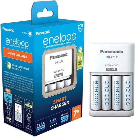 Panasonic Eneloop AA rechargeable batteries with BQ-CC17 charger, studio product photograph