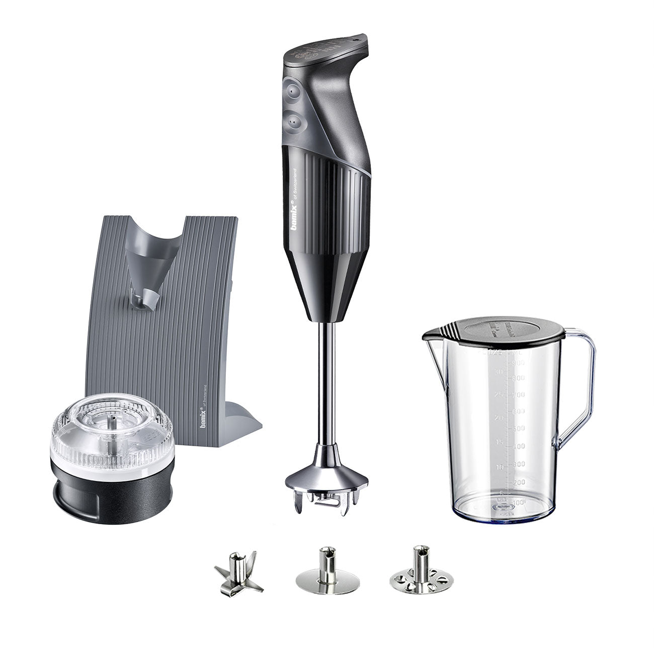 Bamix SwissLine M200 hand blender, black, on a white background