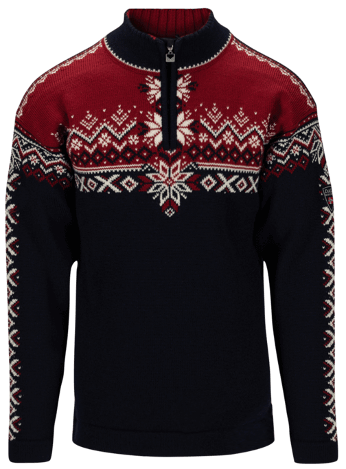 Dale of Norway 140th Anniversary Norwegian wool sweater, navy blue with red patterning, product photograph