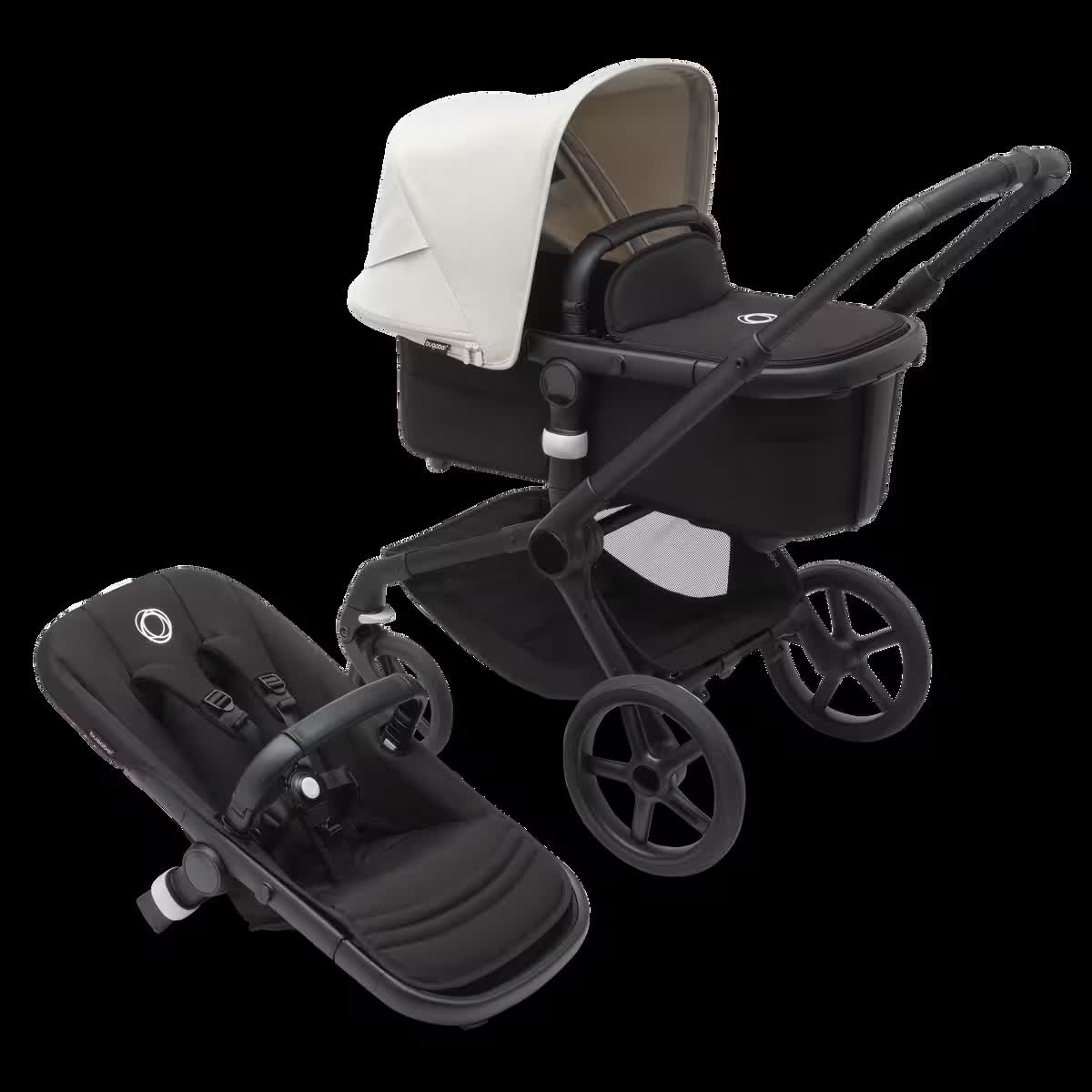 Bugaboo Fox 5 pushchair with bassinet and seat, black chassis, midnight black fabrics
