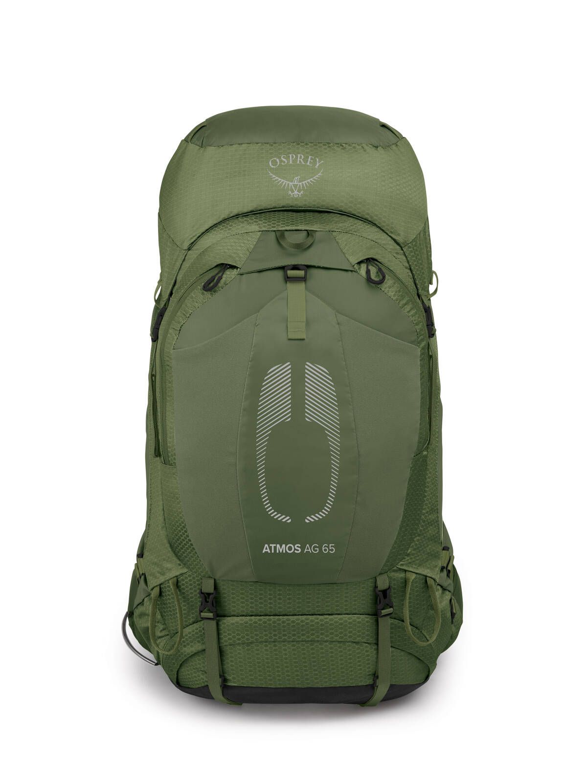 Osprey Atmos AG 65 trekking backpack in Mythical Green, front view