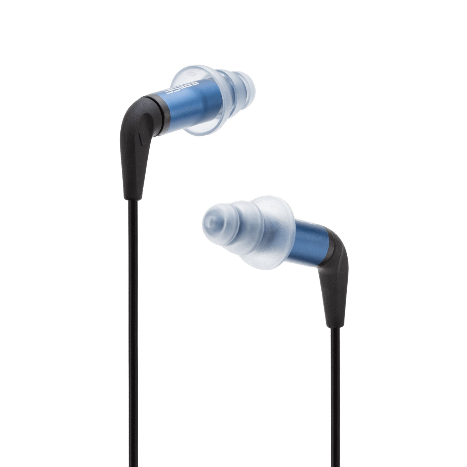 Etymotic ER2SE in-ear earphones, blue aluminium housings with triple-flange tips and detachable black cable, product photograph
